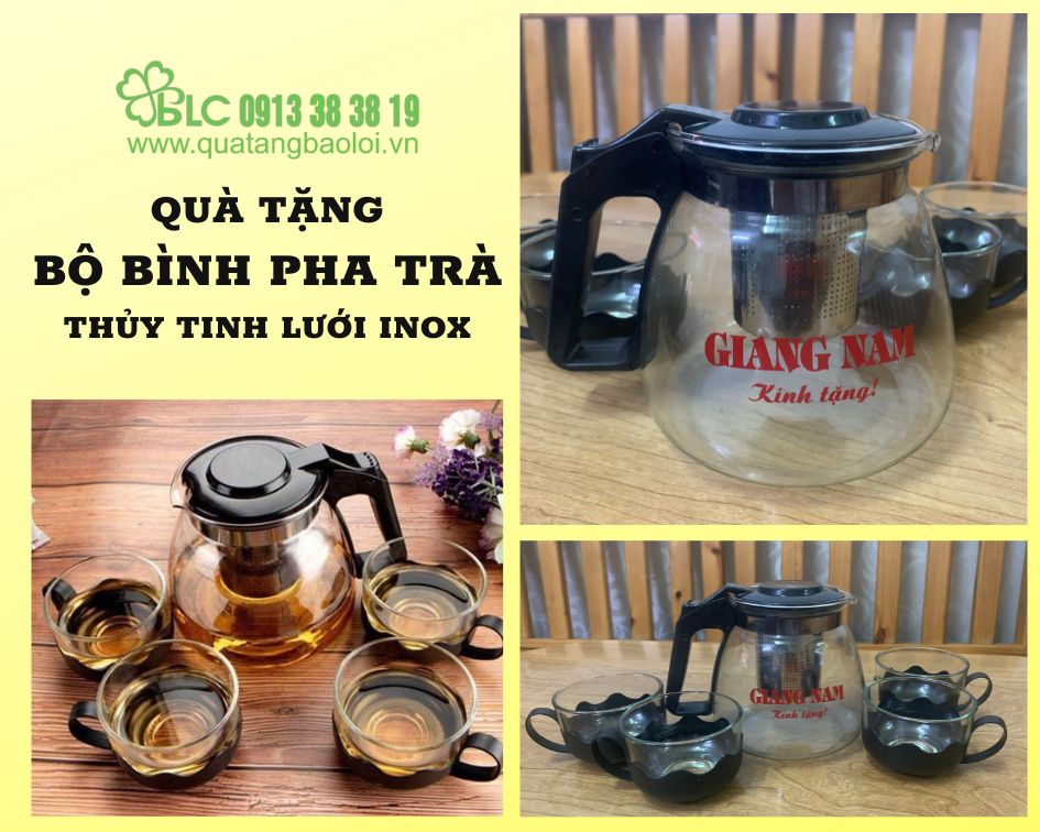 Quà tặng bộ bình pha trà thủy tinh lưới lọc inox sang trọng, giá rẻ