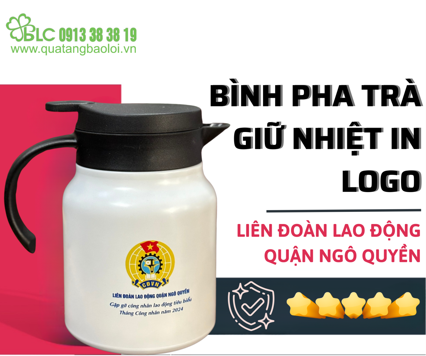 BLC Gifts hợp tác với Liên Đoàn Lao Động Quận Ngô Quyền với bình pha trà giữ nhiệt in logo