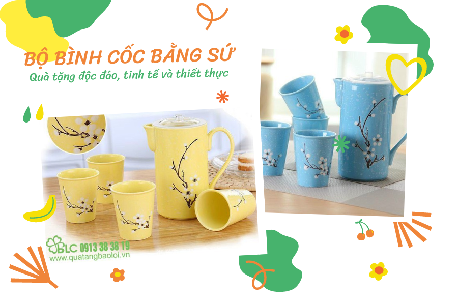 Quà tặng bộ bình cốc bằng sứ họa tiết hoa hiện đại, tinh tế