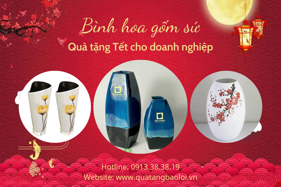 Quà tặng Tết bình hoa gốm sứ in logo doanh nghiệp