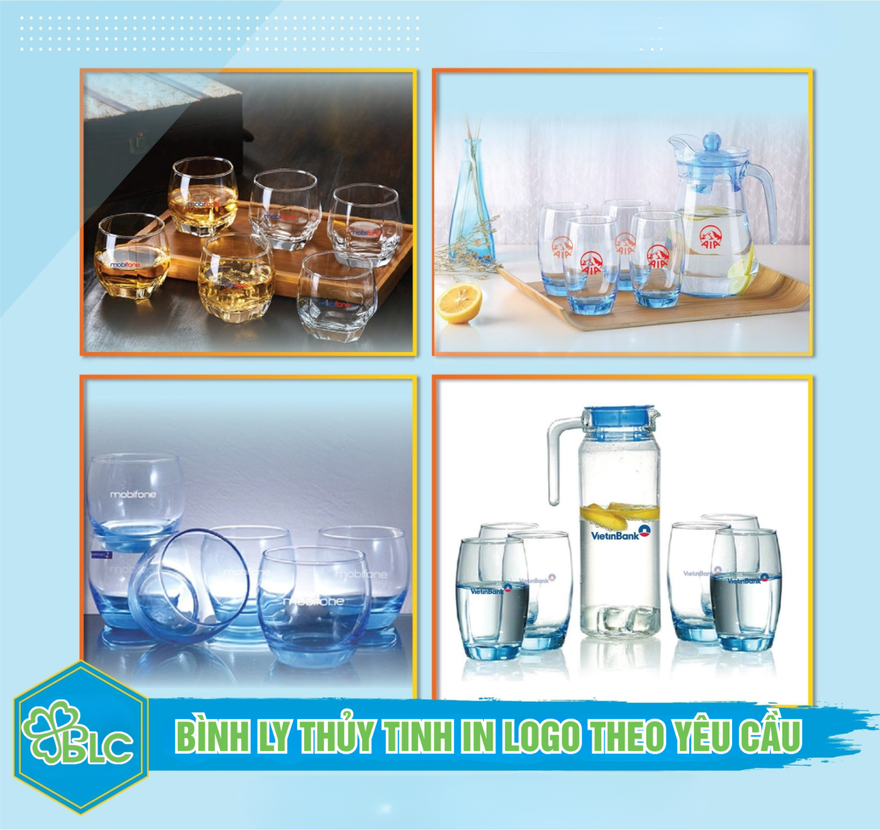 Đơn vị cung cấp bộ bình ly thủy tinh in logo theo yêu cầu | GIÁ TỐT